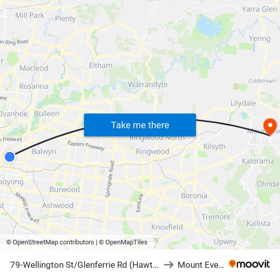 79-Wellington St/Glenferrie Rd (Hawthorn) to Mount Evelyn map