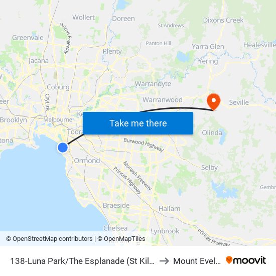 138-Luna Park/The Esplanade (St Kilda) to Mount Evelyn map