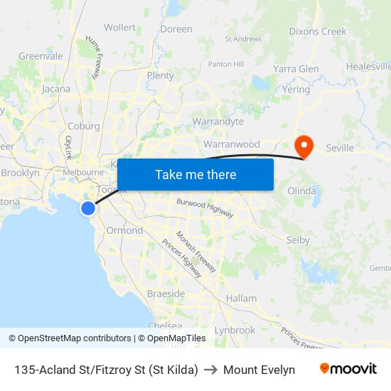135-Acland St/Fitzroy St (St Kilda) to Mount Evelyn map