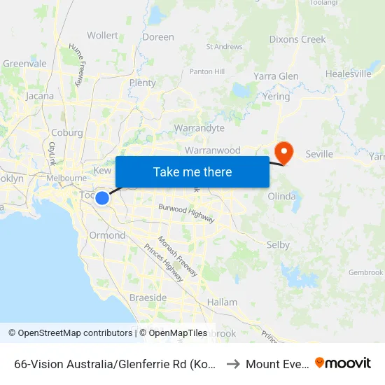 Vision Australia/Glenferrie Rd #66 to Mount Evelyn map