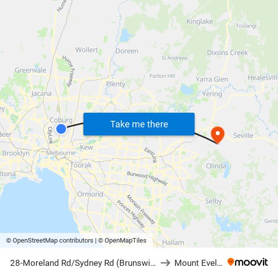 28-Moreland Rd/Sydney Rd (Brunswick) to Mount Evelyn map