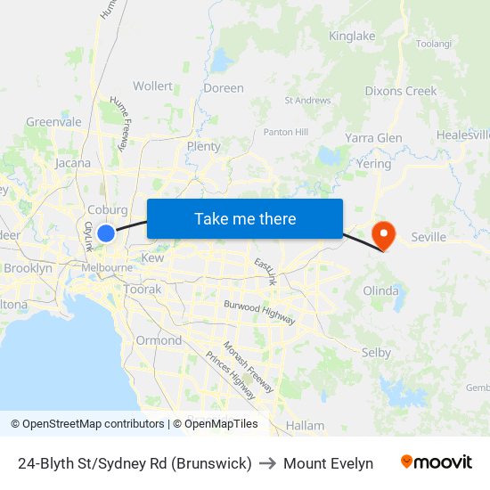 24-Blyth St/Sydney Rd (Brunswick) to Mount Evelyn map