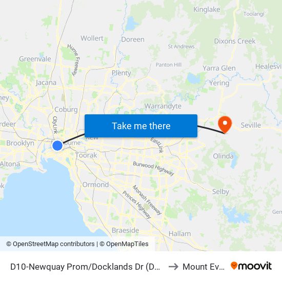 D10-Newquay Prom/Docklands Dr (Docklands) to Mount Evelyn map