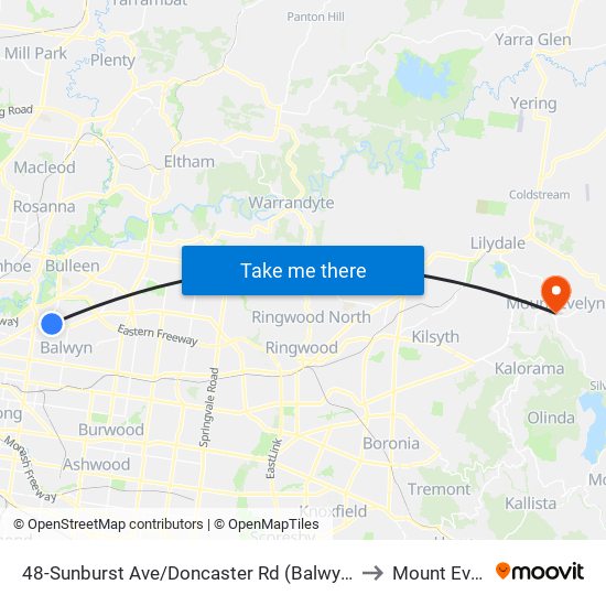 48-Sunburst Ave/Doncaster Rd (Balwyn North) to Mount Evelyn map