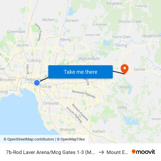 7b-Rod Laver Arena/Mcg Gates 1-3 (Melbourne City) to Mount Evelyn map