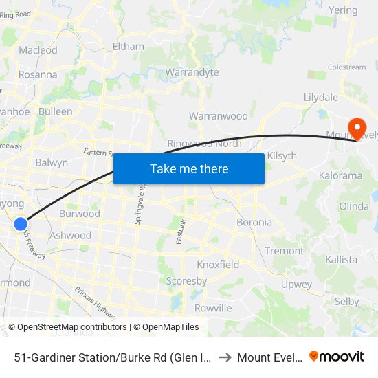 51-Gardiner Station/Burke Rd (Glen Iris) to Mount Evelyn map