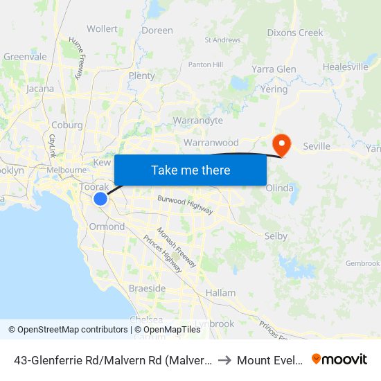 43-Glenferrie Rd/Malvern Rd (Malvern) to Mount Evelyn map