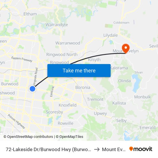 72-Lakeside Dr/Burwood Hwy (Burwood East) to Mount Evelyn map