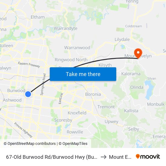 67-Old Burwood Rd/Burwood Hwy (Burwood East) to Mount Evelyn map