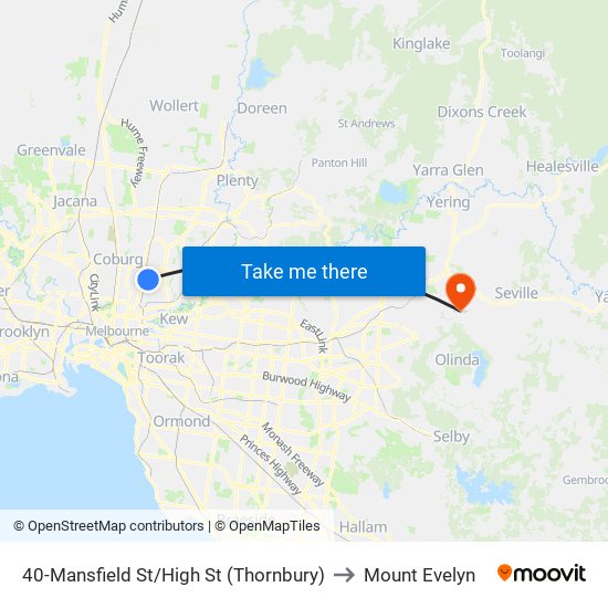 40-Mansfield St/High St (Thornbury) to Mount Evelyn map