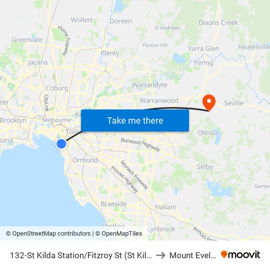 132-St Kilda Station/Fitzroy St (St Kilda) to Mount Evelyn map