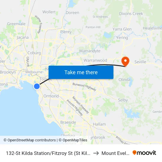 St Kilda Station/Fitzroy St #132 to Mount Evelyn map