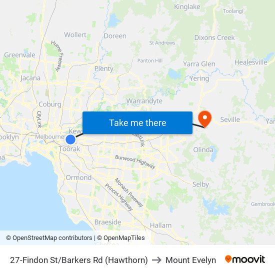 27-Findon St/Barkers Rd (Hawthorn) to Mount Evelyn map