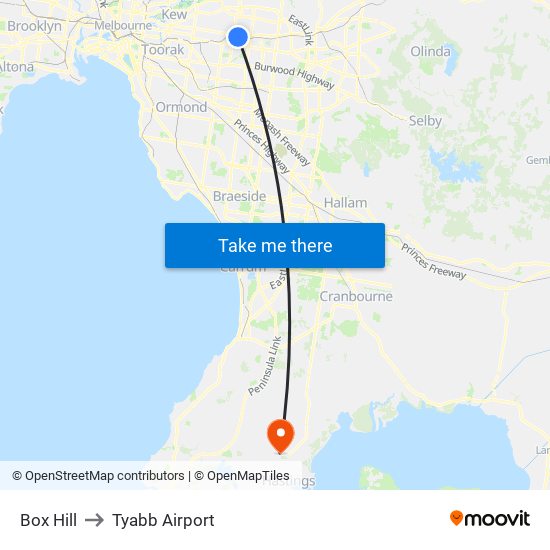 Box Hill to Tyabb Airport map