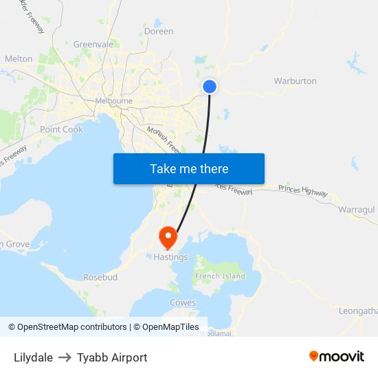 Lilydale to Tyabb Airport map