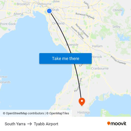 South Yarra to Tyabb Airport map