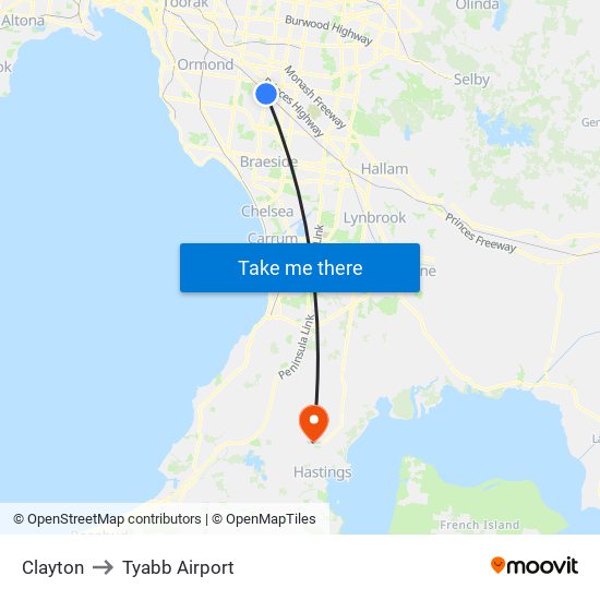 Clayton to Tyabb Airport map