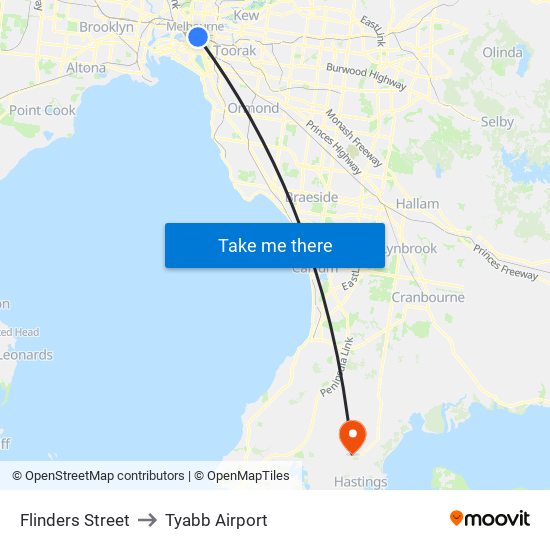 Flinders Street to Tyabb Airport map