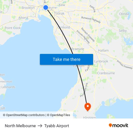 North Melbourne to Tyabb Airport map