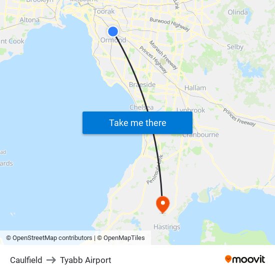 Caulfield to Tyabb Airport map