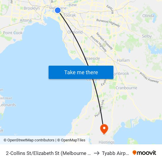 2-Collins St/Elizabeth St (Melbourne City) to Tyabb Airport map