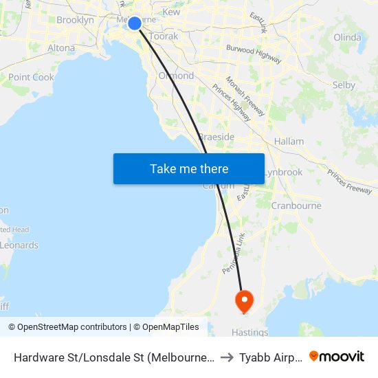 Hardware St/Lonsdale St (Melbourne City) to Tyabb Airport map