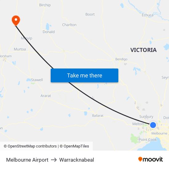 Melbourne Airport to Warracknabeal map