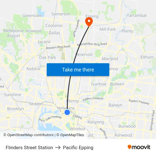 Flinders Street Station to Pacific Epping map