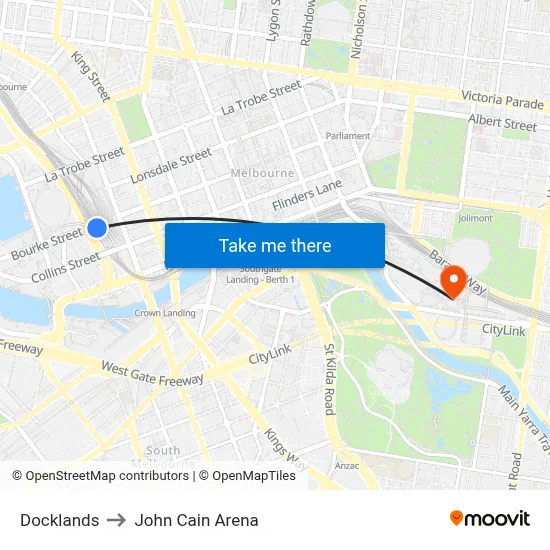 Docklands to John Cain Arena map