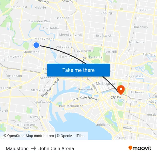 Maidstone to John Cain Arena map