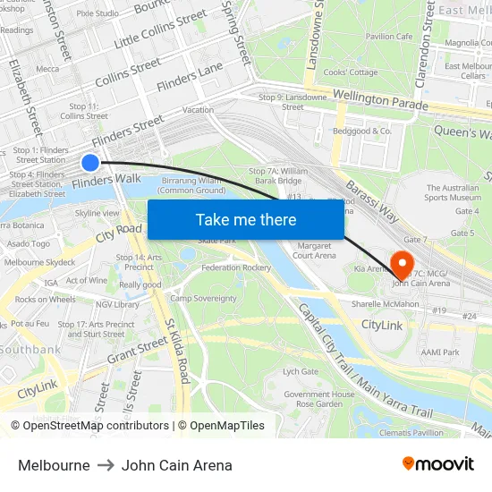 Melbourne to John Cain Arena map