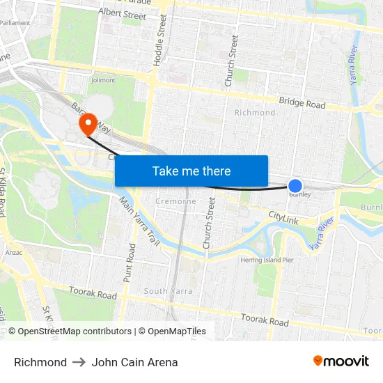 Richmond to John Cain Arena map