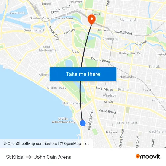 St Kilda to John Cain Arena map
