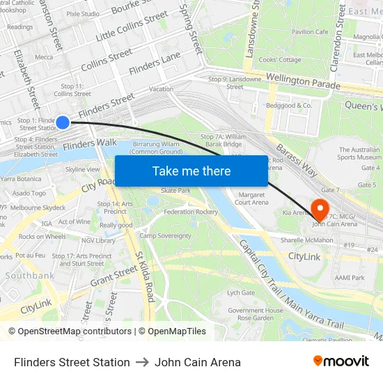 Flinders Street Station to John Cain Arena map