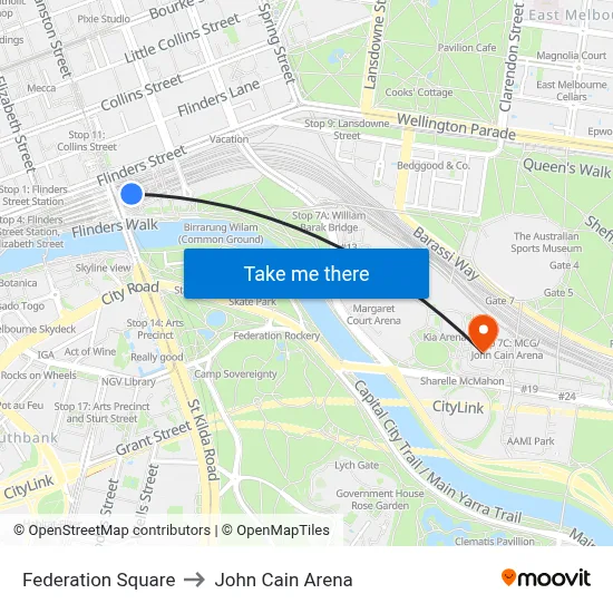 Federation Square to John Cain Arena map
