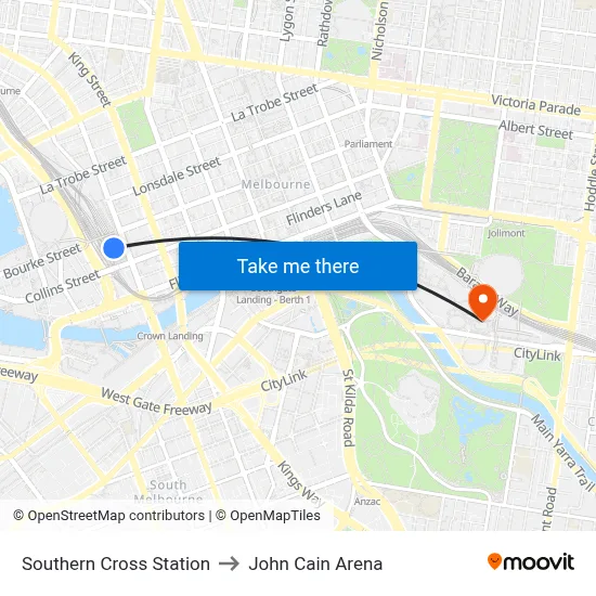 Southern Cross Station to John Cain Arena map