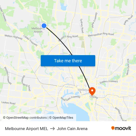 Melbourne Airport MEL to John Cain Arena map