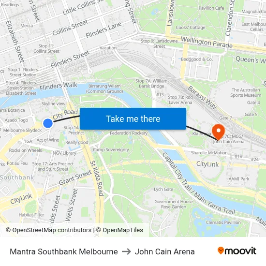 Mantra Southbank Melbourne to John Cain Arena map