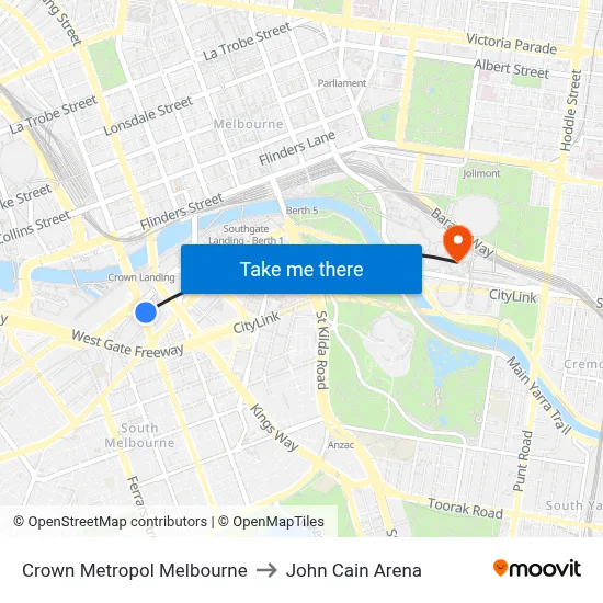 Crown Metropol Melbourne to John Cain Arena map