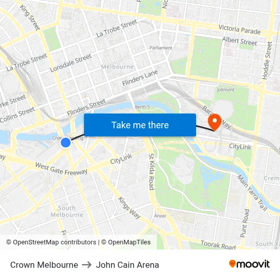 Crown Melbourne to John Cain Arena map