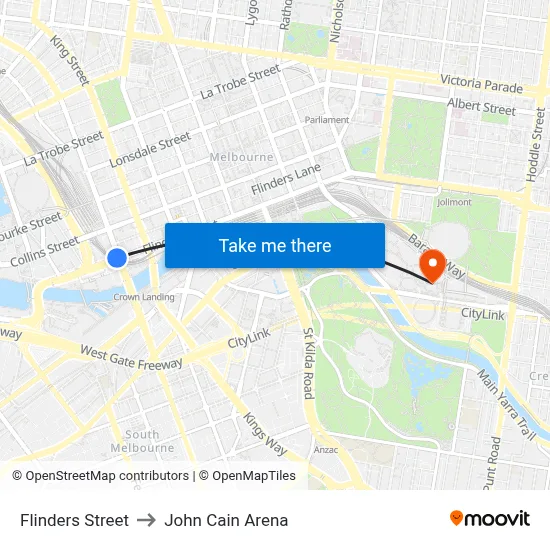 Flinders Street to John Cain Arena map