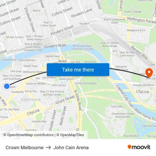 Crown Melbourne to John Cain Arena map