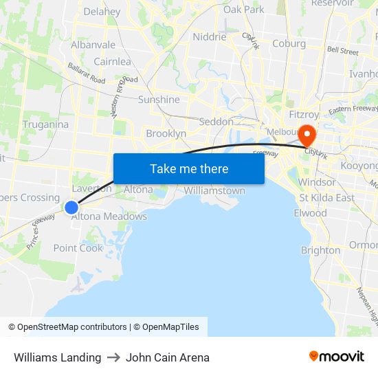 Williams Landing to John Cain Arena map