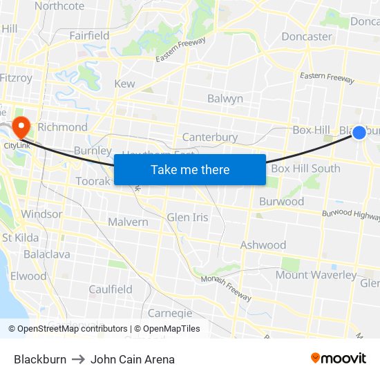Blackburn to John Cain Arena map