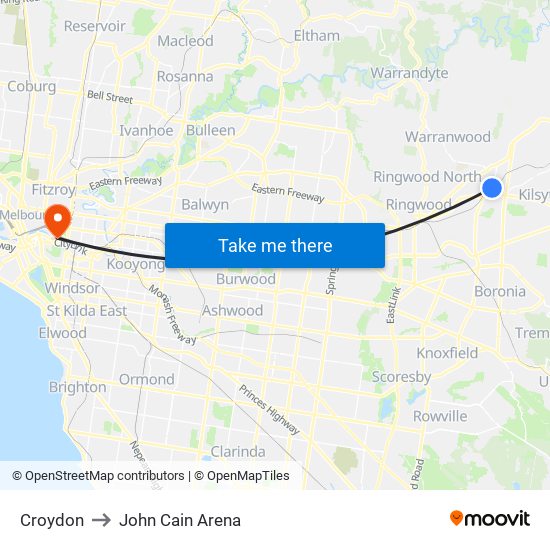 Croydon to John Cain Arena map