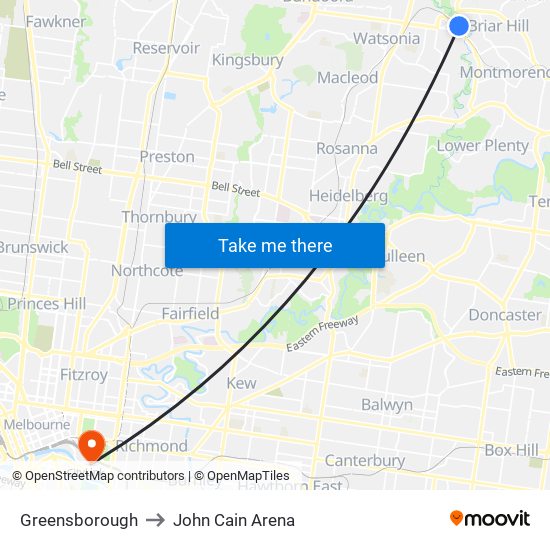 Greensborough to John Cain Arena map