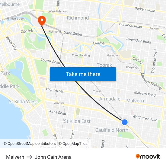 Malvern to John Cain Arena map