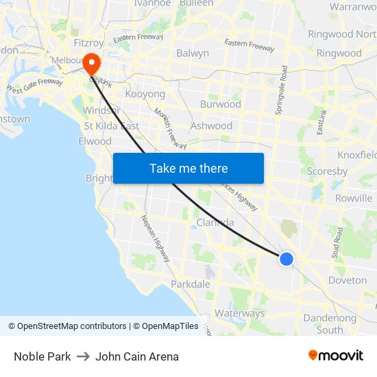 Noble Park to John Cain Arena map