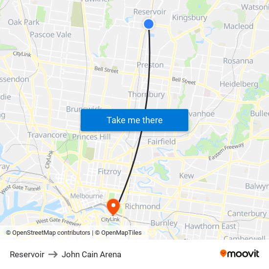 Reservoir to John Cain Arena map