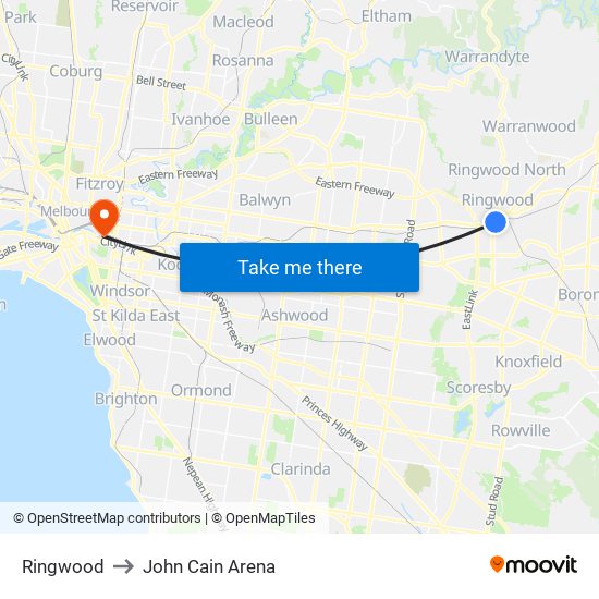 Ringwood to John Cain Arena map